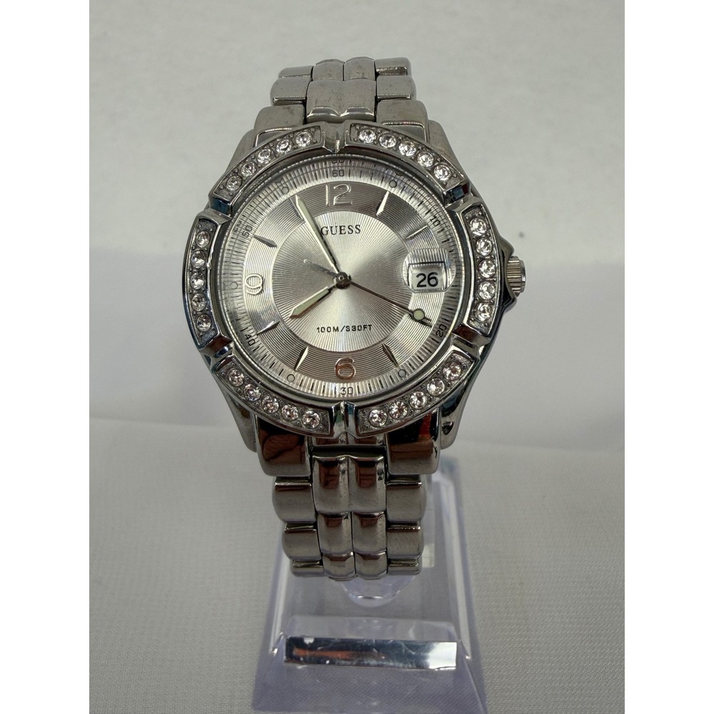 Guess Waterpro G75511M Silver Tone Crystal Bezel Date Watch 100M 330FT
